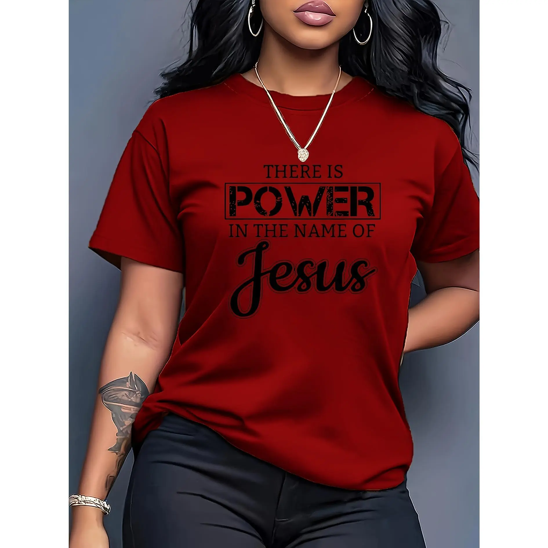 100% Cotton Women's Casual Short Sleeve T-Shirt - "Jesus Power" Inspirational Pattern Print, Beige Crew Neck Top, Medium Stretch Fabric, Machine Washable for Daily Comfort, All-Season Artistic Letter Design, Non-See-Through Material Fit Womenswear