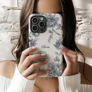 Blue Toile Personalized Phone Case for iPhone 16 15 14 13 12 11 Custom Name Phone Case , Coquette Phonecase, Custom iphone Case