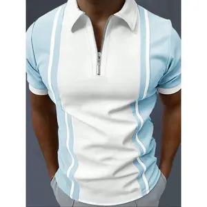 Men's patch striped printed zipper polo shirt, summer regular fit casual short sleeved collar top, fashionable men's daily wear, tropicalRAIMENTRY