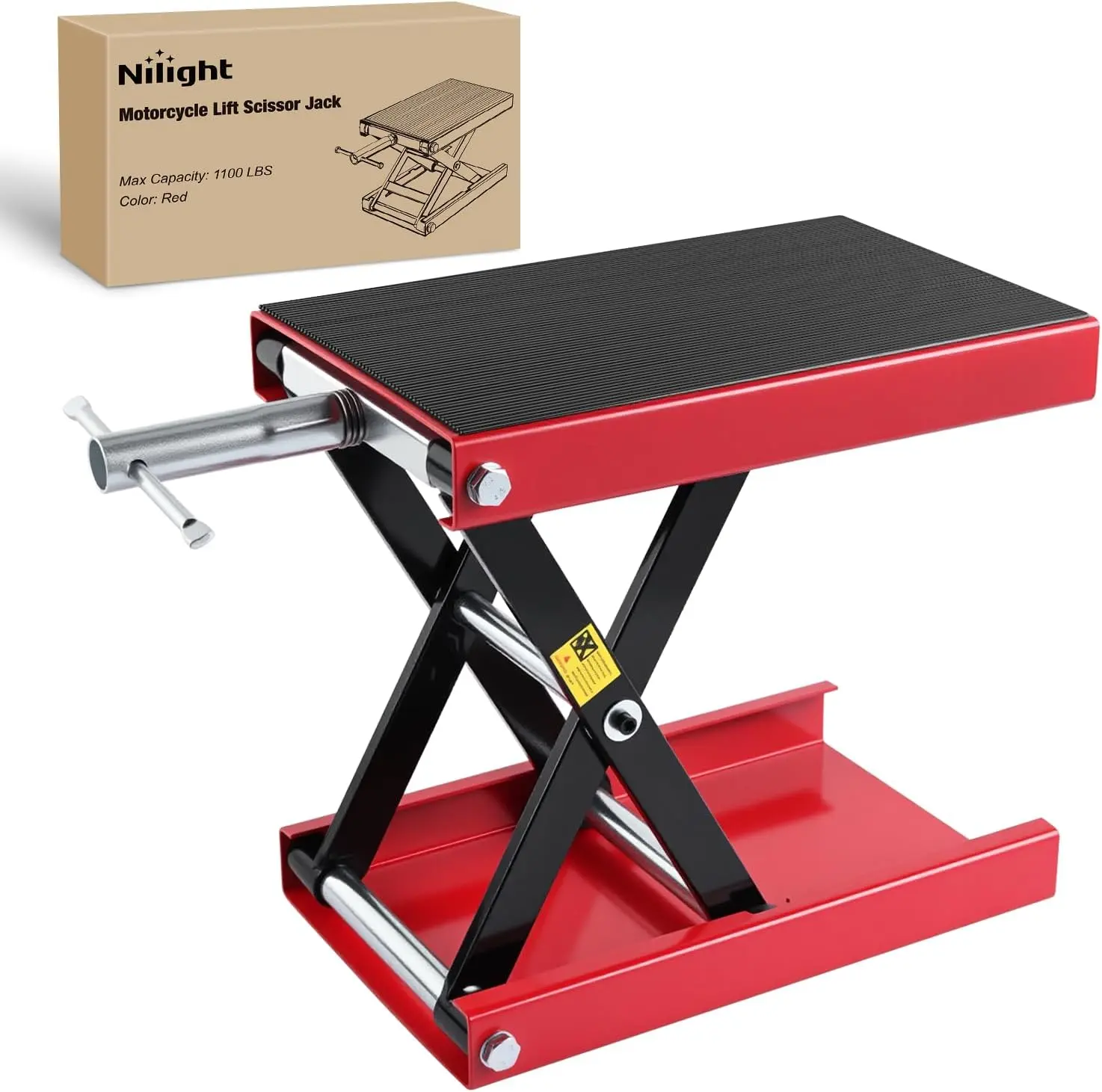 Nilight Heavy-Duty Manual Crank Motorcycle Scissor Lift Jack - 1100lb Capacity, 3.4"-14.2" Height Adjustment, Wide Deck Support, Steel Hoist, Red Automotive Garage Repair Tool for ATV Dirt Bike, Motorcycle Equipment