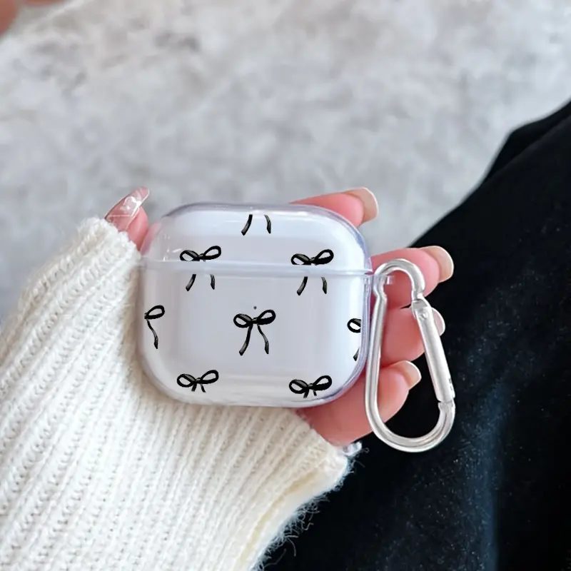 Black Bow Pattern Pattern Protective Case for AirPods 4/3/2/1/Pro/Pro2/Pro3 Soft TPU Earphone Cover, Transparent with Keychain
