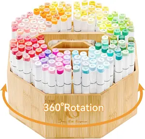 Ohuhu Bamboo Marker Organizer: 360-Degree Rotating Bamboo Storage Hold 162 Honolulu & B Alcohol Markers, Pens Pencil Holder with 8 Compartments for Home Classroom Office Decor - Marker Organizer Series of Ohuhu
