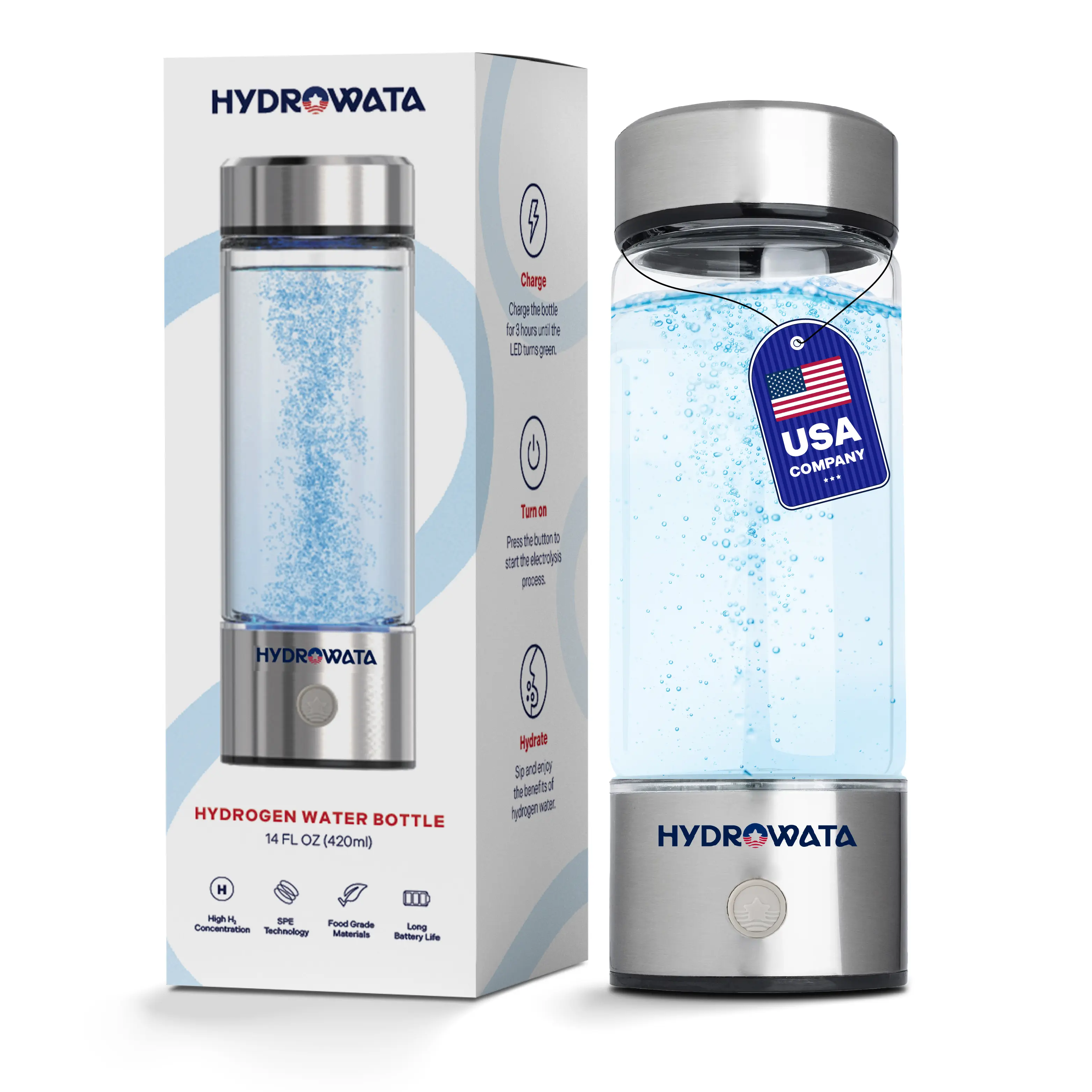 Hydrowata Portable Hydrogen Water Bottle 14oz SPE Technology Enhanced Hydration for Fitness & Wellness