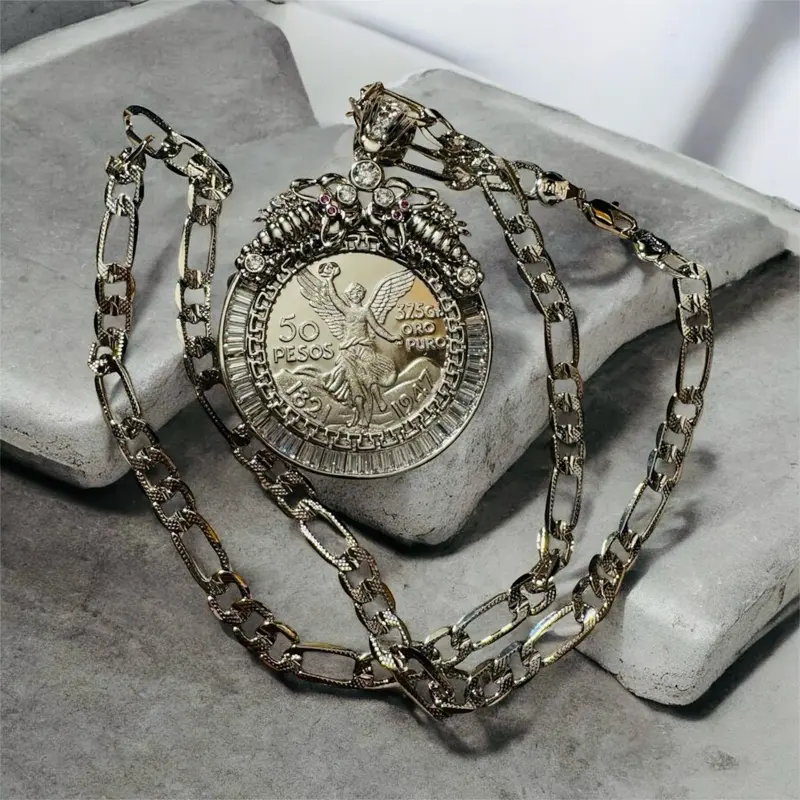 Elegant Figaro Chain with 50 Pesos Centenario Coin Charms, environmental copper