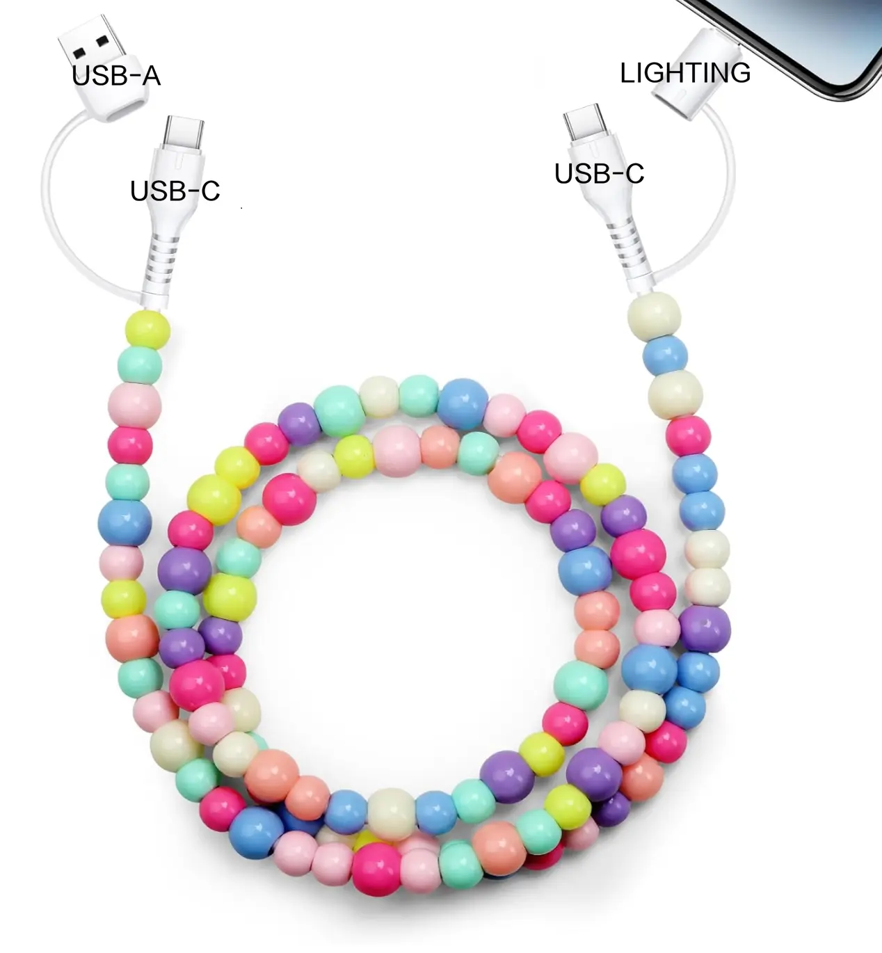 4 in 1 Beaded Charging detachable Cords stylish shine Fit for All Device USB-A,USB-C & Lightening for iPhone 15/16/17 Samsung Type-C Cellphone