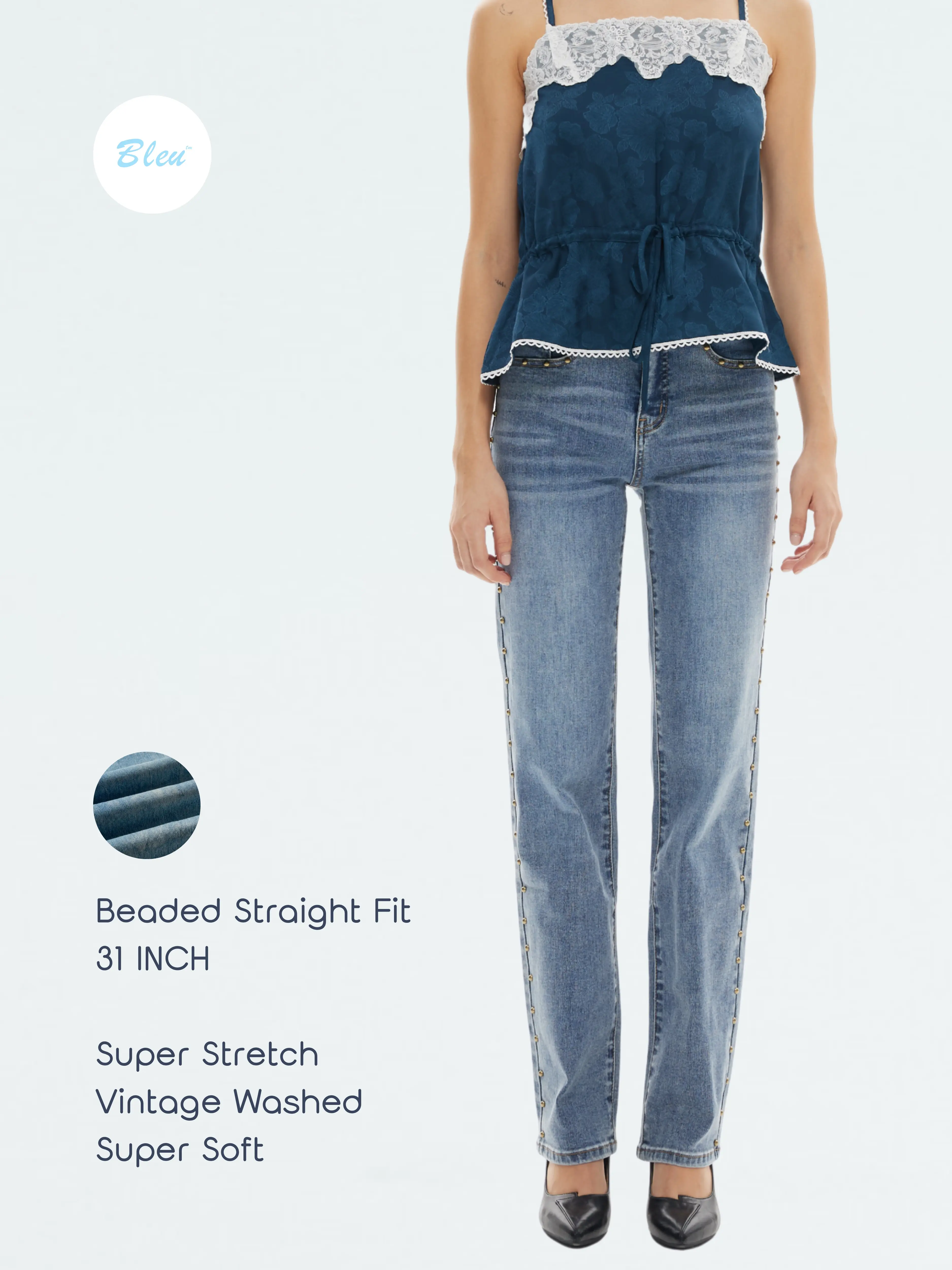 Bleu Women's Super Stretch Beaded Straight Leg Jeans, Plain Vintage Washed Denim Bottoms for All Season Wear, Basic, Low Rise, All Seasons, Cotton Denim, Vintage Street, Minimalist, Street-Ready Jeans