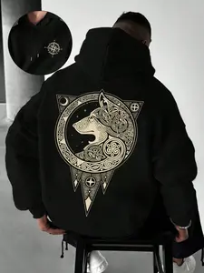 Men's Nordic Viking Wolf Totem Oversized Street Fashion Hoodie Sweatshirt - Casual Heavyweight Streetwear with Intricate Celtic Knot Graphics & Compass Detail, Perfect for Urban Exploration & Winter Techwear Style