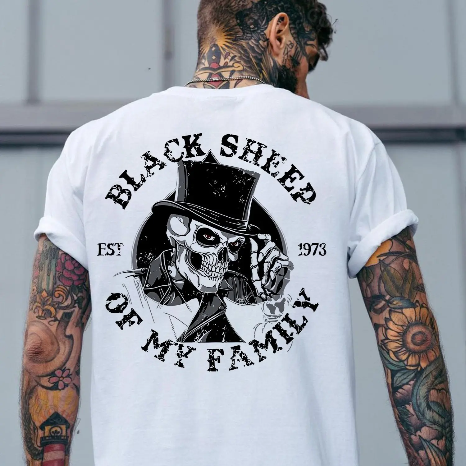Gildan Menswear Short-Sleeve Cotton T-Shirt - "Black Sheep of My Family" Skeleton Print, Round Neck, Casual Regular Fit, All-Seasons Streetwear Top, Shortsleeve