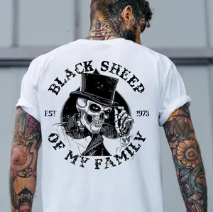 BLACK SHEEP OF MY FAMILY Skeleton Print Men's T-Shirt, Top Menswear, Cotton Tee Shirt Casual Streetwear