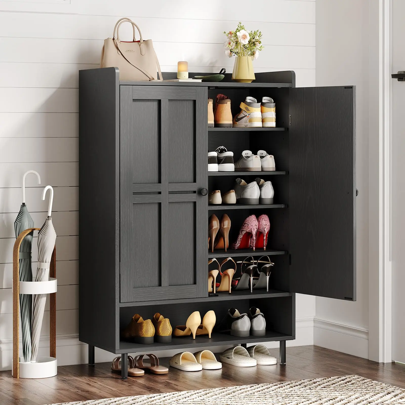 【Max 24 Pairs & Adjustable Shelves】ONBRILL Shoe Cabinet with Cross Molding Doors, 6-Tier Shoe Storage Cabinet with 3 Adjustable Shelves and Metal Legs, 45'' Tall Shoes Rack Organizer Cabinet for Entryway, Front Door