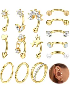 16g Rook Piercing Jewelry Steel Vertical Labret Lip Jewelry Gold Eyebrow Piercing Rook Daith Earrings for Women Cartilage Curved Barbell Daith Tragus Piercing Jewelry 14Pcs Body Piercings Set