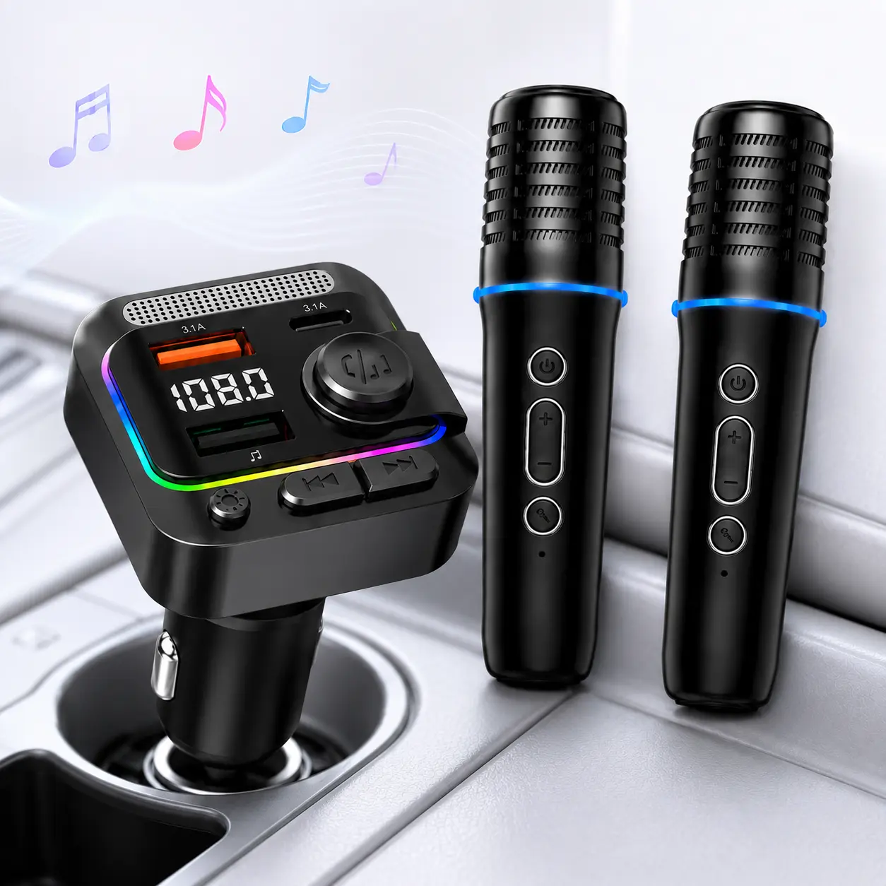 Bluetooth FM Transmitter for Car with 2 Wireless Karaoke Microphones, Fast USB-C Car Charger & Car Bluetooth Adapter, Hands-Free Calling, Car Accessories for Men, Family Road Trip Essentials, Gifts for Dad