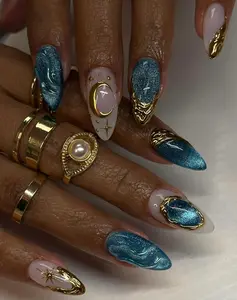 Celestial Blue Press On Nails | Teal Shimmer Almond Nails with Gold Moon & Star Details | Luxury Handmade Nails