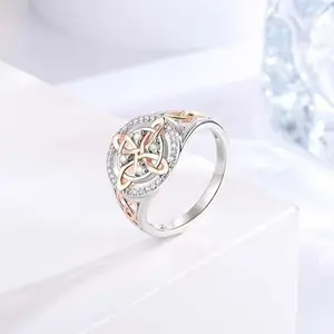 Two-Tone Celtic Knot Triquetra Ring with Crystal Accents | Religious Spiritual Jewelry for Women