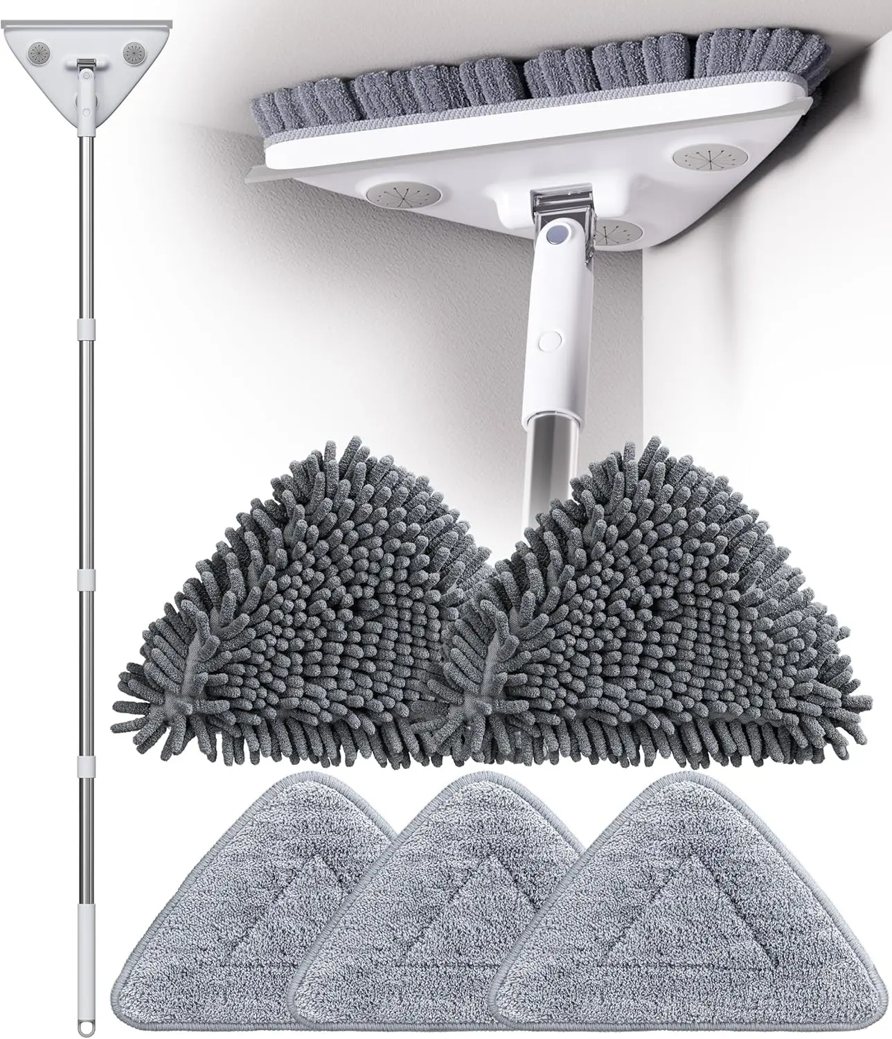 Wall Cleaner Mop with Long Handle, Wall Duster with Extension Pole, 3-in-1 Wall Cleaner, Dust Mop with 5 Replacement Pads