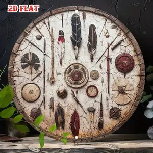 Vintage Retro Native American Aluminum Round Wall Art with Feather Headdress and Boho Tribal Motif for Home Living Room Decor