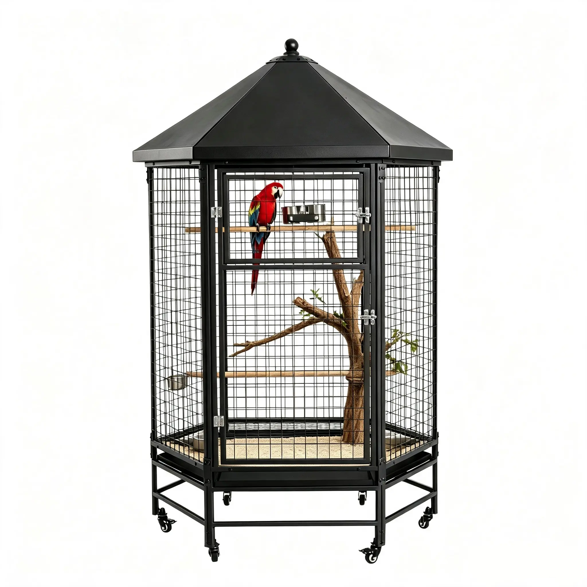 69 inches Decorative Dome Top Bird Cage, Coated Metal Heavy Duty Iron Aviary with Rolling Stand, Slide-Out Tray & Wheels for Large Parrots, Sunrooms Indoor Use, Black