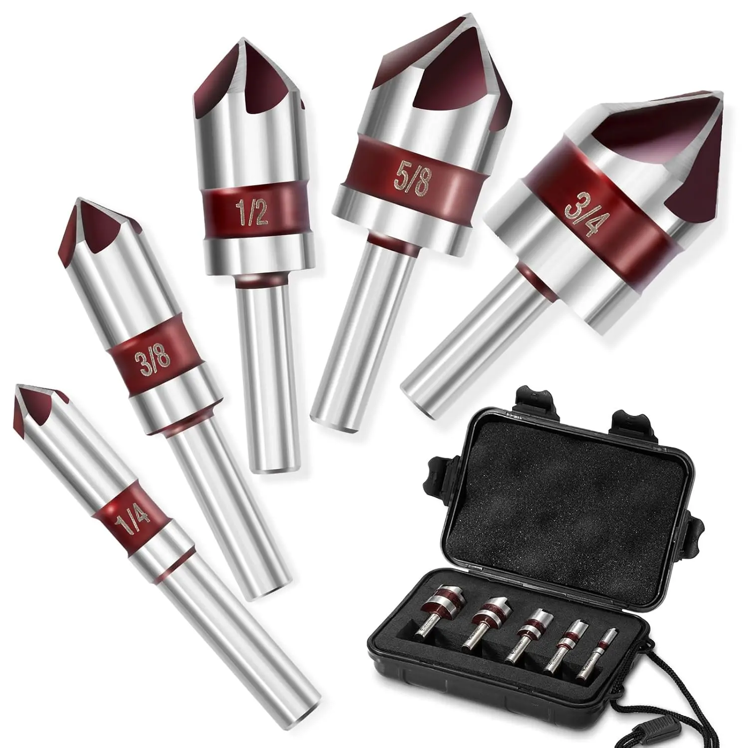 5 count Cobalt 5-Flute Countersink Drill Bit Set - Heavy-Duty M35 82-Degree Countersink Chamfer Tool Set for Metal,Stainless Steel,Copper,,Fiberboard,Plastic,SAE 3/4",5/8",1/2"3/8",1/4"
