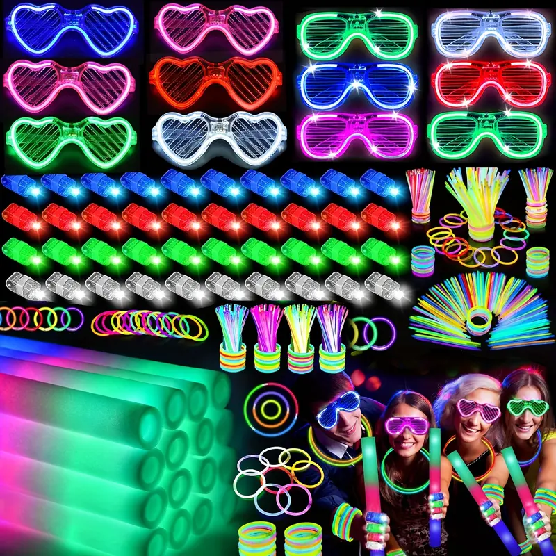 MICRENCY 168Pcs Party Set Supplies - 40 Colorful Finger Lights, 12 LED Glasses, 40 Glow Sticks, 100 Luminous Sticks for Weddings, Birthdays, Concerts, Events & Festive Atmospheres