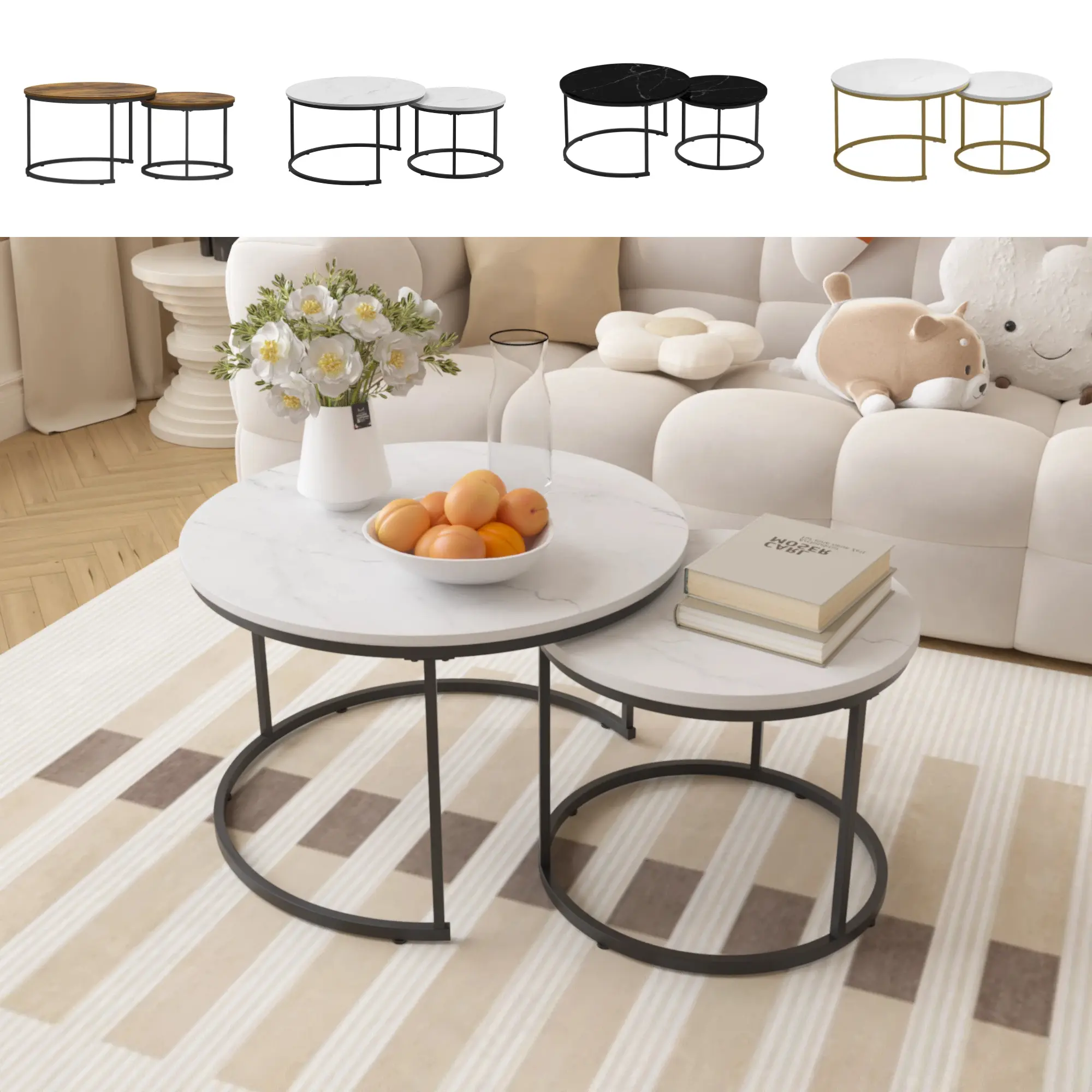 27.6" Nesting Coffee Table Set of 2, Round Coffee Table Wood Marble Pattern Top with Sturdy Metal Frame, End Table Side Tables for Living Room Bedroom Balcony Yard