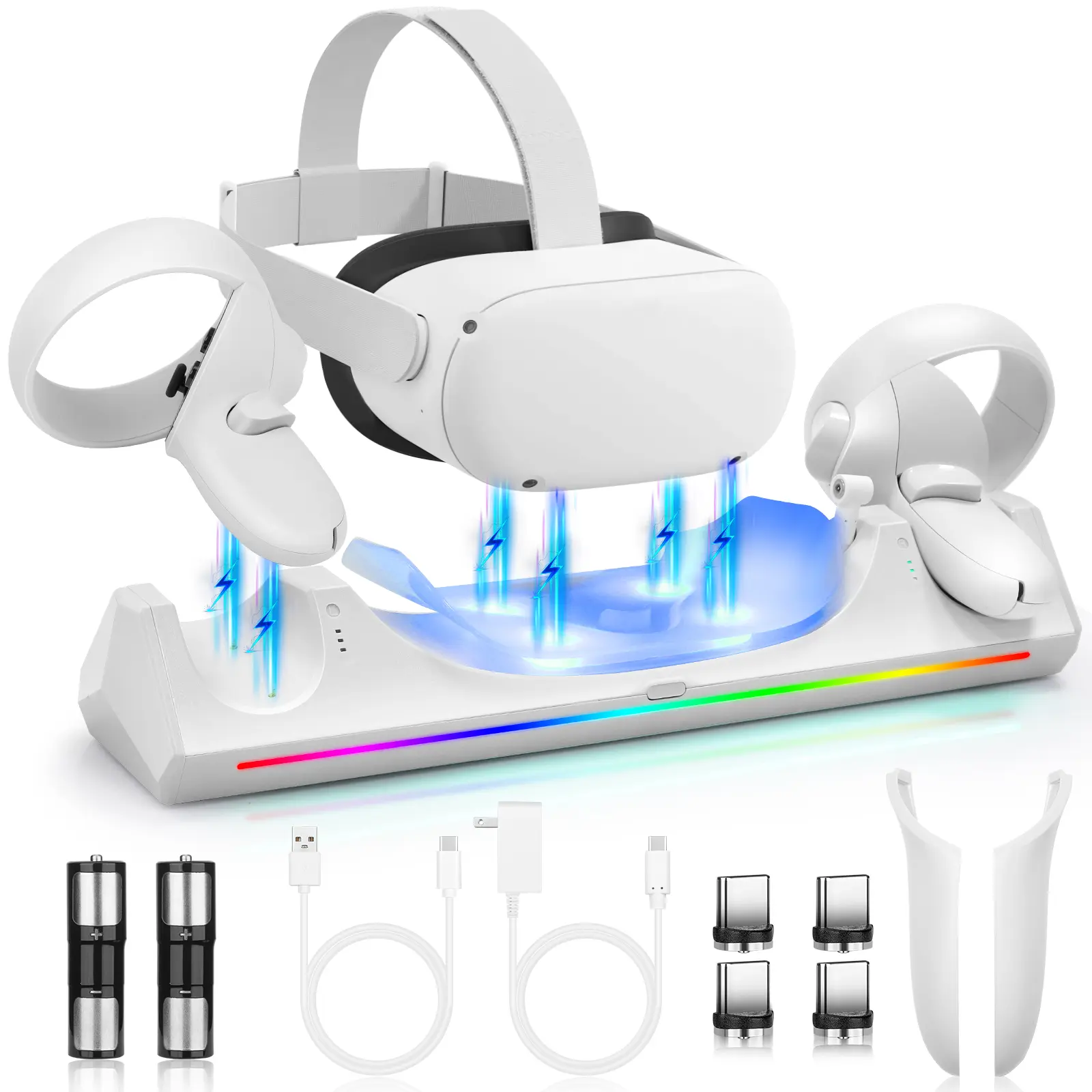 HURRA Smart Charging Dock Complete Kit for Meta Quest 2 Virtual Reality Accessories, Wearable VR Gaming Sponge Cover, Magnetic Charge Headset & Controller Charger with LED Indicators, 2 Batteries, USB-C Port, 4-6H USB-C Cable