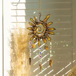 Sun Design Crystal Hanging Decorative Pendant, 1PC Bohemian Style Sun Catcher, Natural Gravel Hand-Wrapped Pendant Pendant, Indoor Outdoor Office Room Gorgeous Hanging Dream Catcher, Hanging Ornaments, Birthday, Christmas, Valentine'S Day Gift