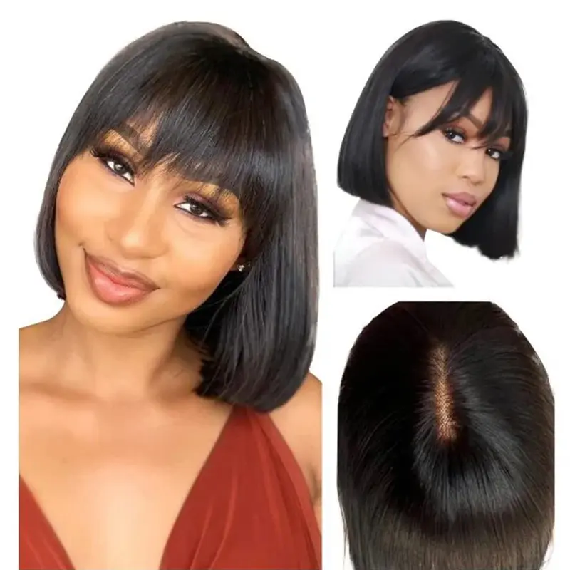 Natural Color Straight Bob Wig With Bangs Human Hair 4*1 Transparent Glueless Lace Wig Blunt Cut Silk Ready and Go Lace Wig