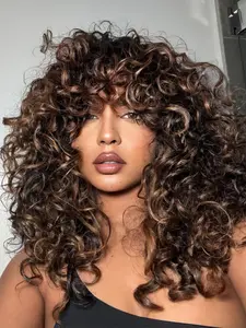 Ombre Brown Curly Afro Wig for Women Curly Wigs with Bangs 18 Inch Long Curly Afro Synthetic Hair Wig for Cosplay and Daily