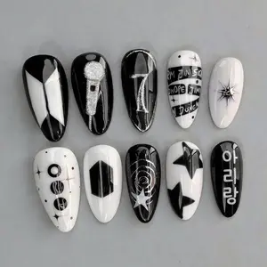 Sarahmarket Monochrome Concert Inspired Press-On Nails, Hand-Painted Logo Style Elements & Graphic Lines, Black Gloss Finish, Edgy Street Style Vibes, Concert Ready Nail Art, Trendy Statement Look, Custom Handmade Set