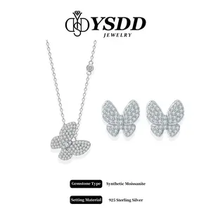 【#484 】Dazzling Butterfly Necklace and Earring Synthetic Moissanite Jewelry in 925 Sterling Silver Chain Set