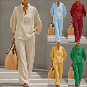 Women's Cotton-Linen 2-Piece Set — Short-Sleeve Top & Wide-Leg Trousers