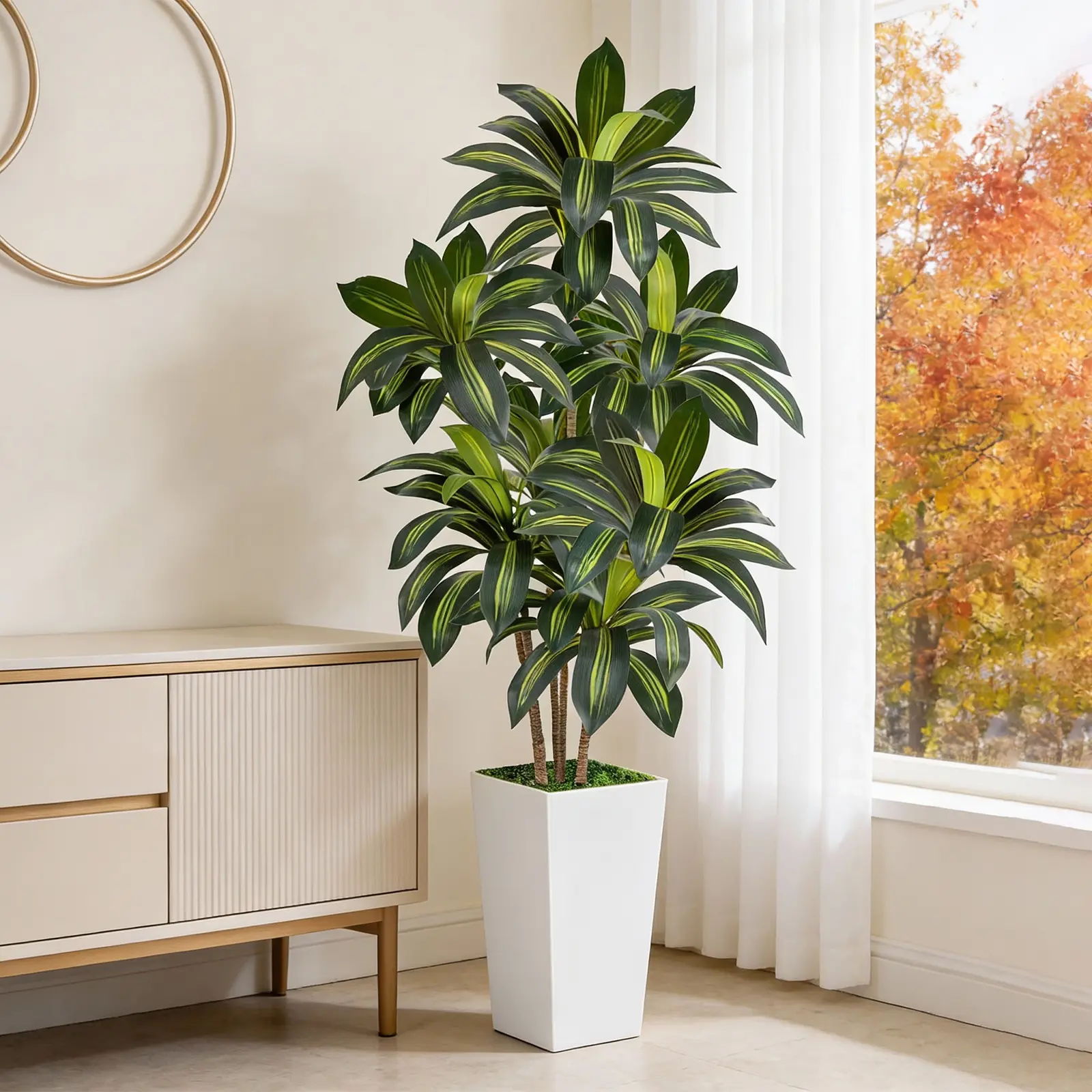 Dracaena Tree 5FT 6FT Artificial, 60in Tall Faux Dracaena Tree with 15.7 White Planter, Fake Potted Tree for Indoor & Outdoor Home Office Decor