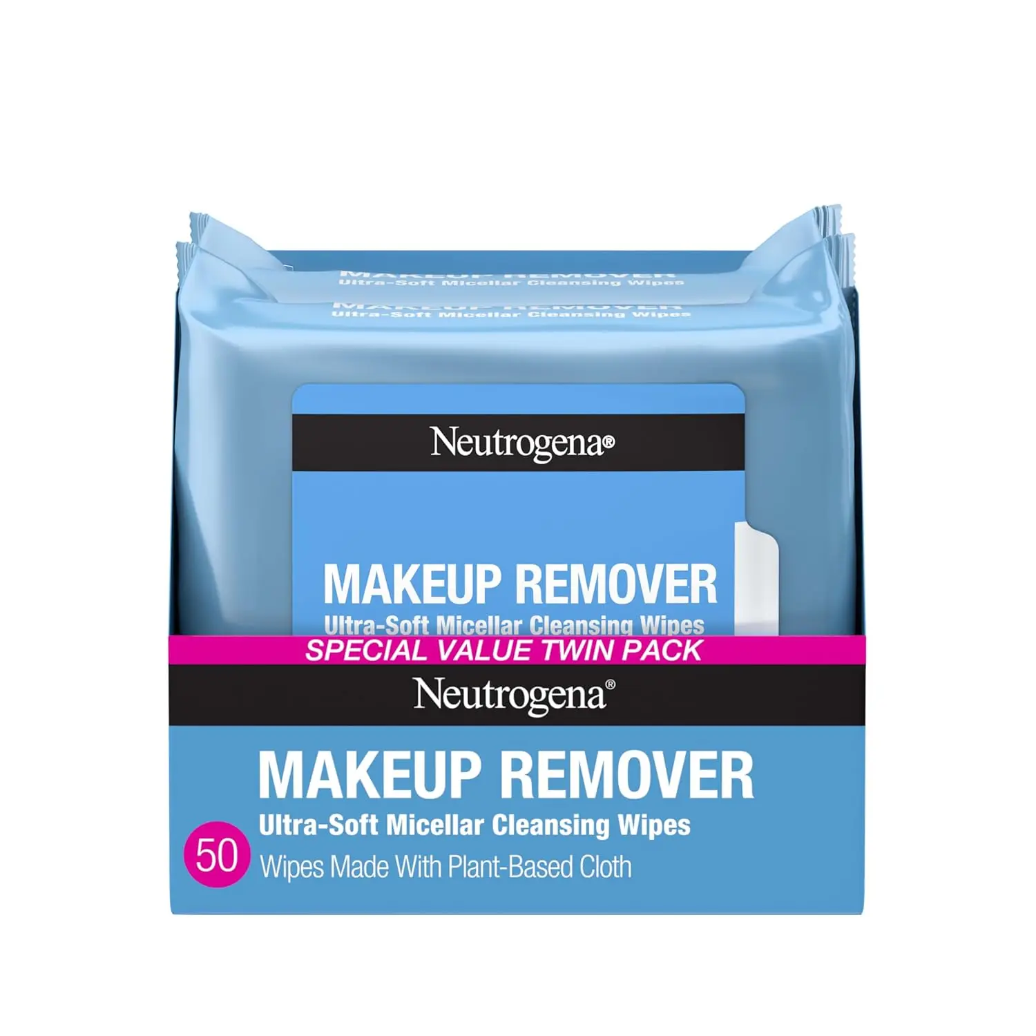 Neutrogena Micellar Water Cleansing Wipes for Face - Daily Gentle, Lightweight, Nourishing Oil & Dirt Remover with Hyaluronic Acid, Waterproof Makeup Remover, Fully Plant-Based Cloths, 2-Pack (25 Ct Each)