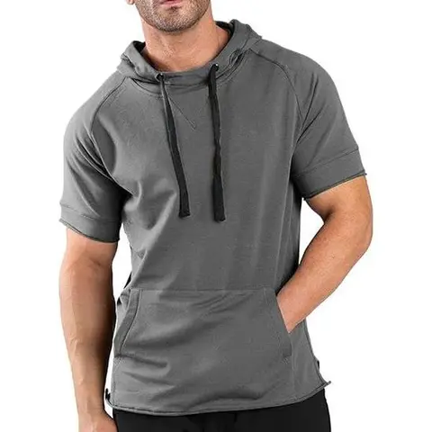 COOFANDY Men's Short Sleeve Hoodie Workout Gym Sweatshirt Muscle Fit Fashion Athletic Hoodies Pullover Cotton Hooded T-Shirts Casual Menswear Breathable Canvas Cargo Classic Fitness Football Hem