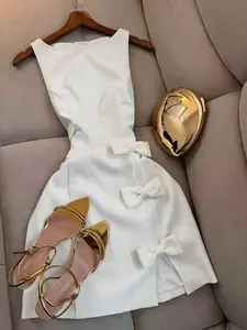 Spring Summer New Round Neck Sleeveless Slim Fit Split Hem Bow Tie Decorative Casual Fashion Dress, Women's Elegant Party Wear