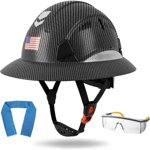 Structure Full Brim Hard Hat with Glasses and Cooling Towel Adjustable Ventilation Reflective Helmet ANSI Z89.1 Type OSHA Approved 6 Point Hanging Helmet for Industrial Safety Trainers