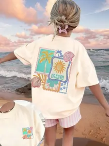 Women's Coconut Tree Shell Tropical Print Short Sleeve T-Shirt, Comfortable Everyday Casual Summer Top, Fashion Streetwear, Loose Fit Baggy Beach Wear