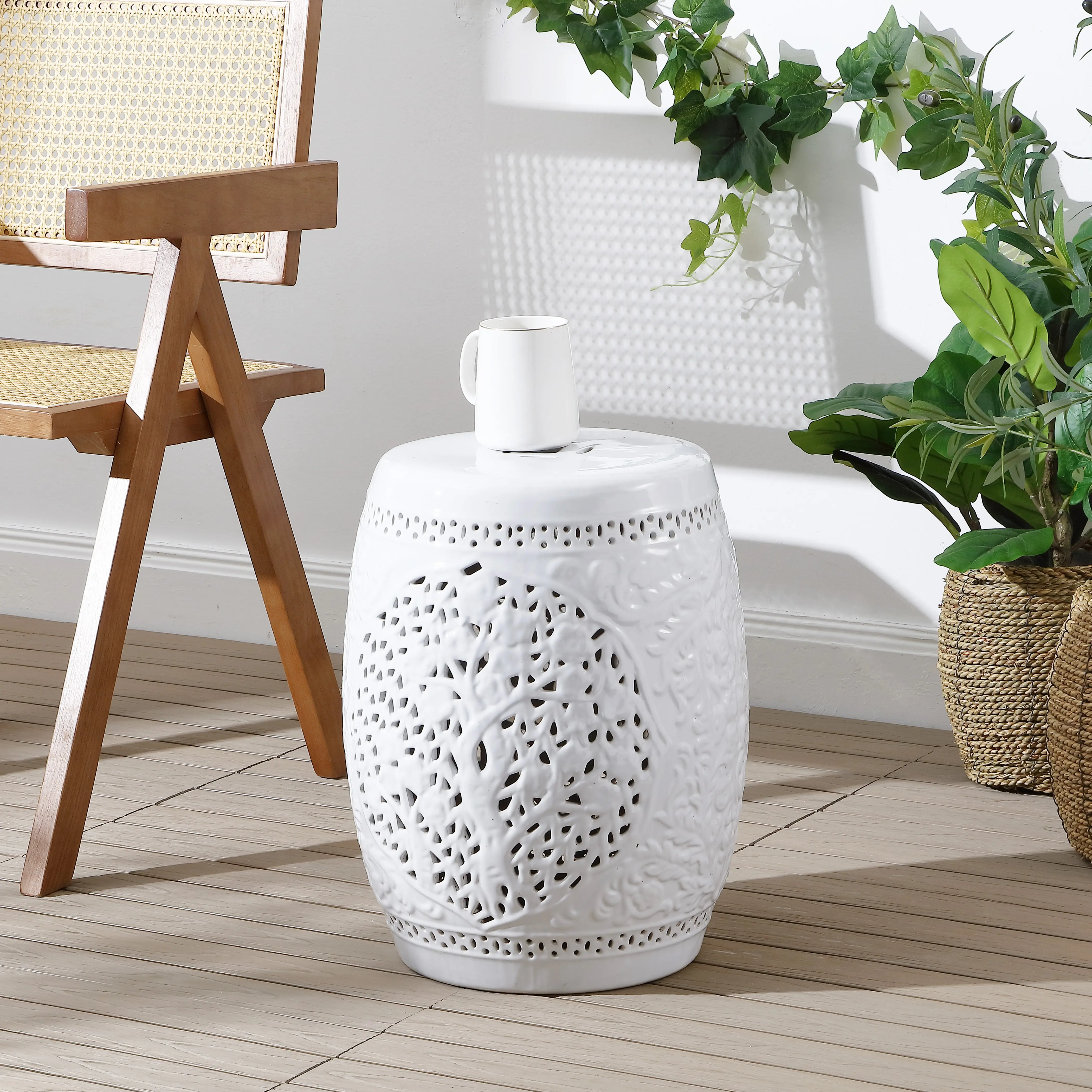 JONATHAN Y Tree of Life 18" Ceramic Garden Stool - White, Patio Outdoor Furniture, Home Organization, 13.5 in. w x 13.5 in. d x 18 in. h, 175 lbs Capacity, Fully Assembled Outdoor Accent Piece, Indoors