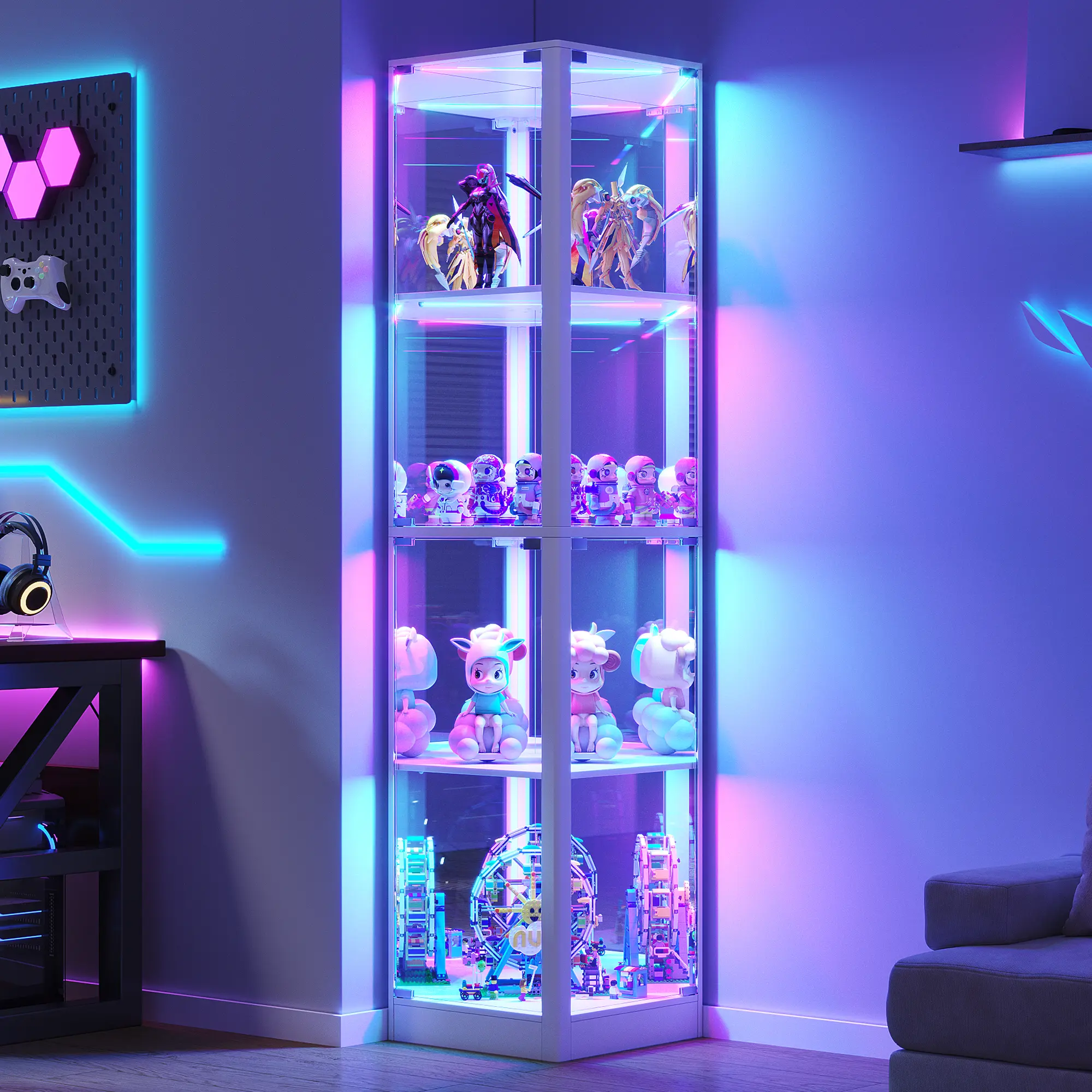 Dystler Glass Display Cabinet with RGB Lights- 68" Display Case with 4-Tier Shelfs, Corner Curio Cabinets for Collectibles/Toys/Books, LED Storage Cabinet