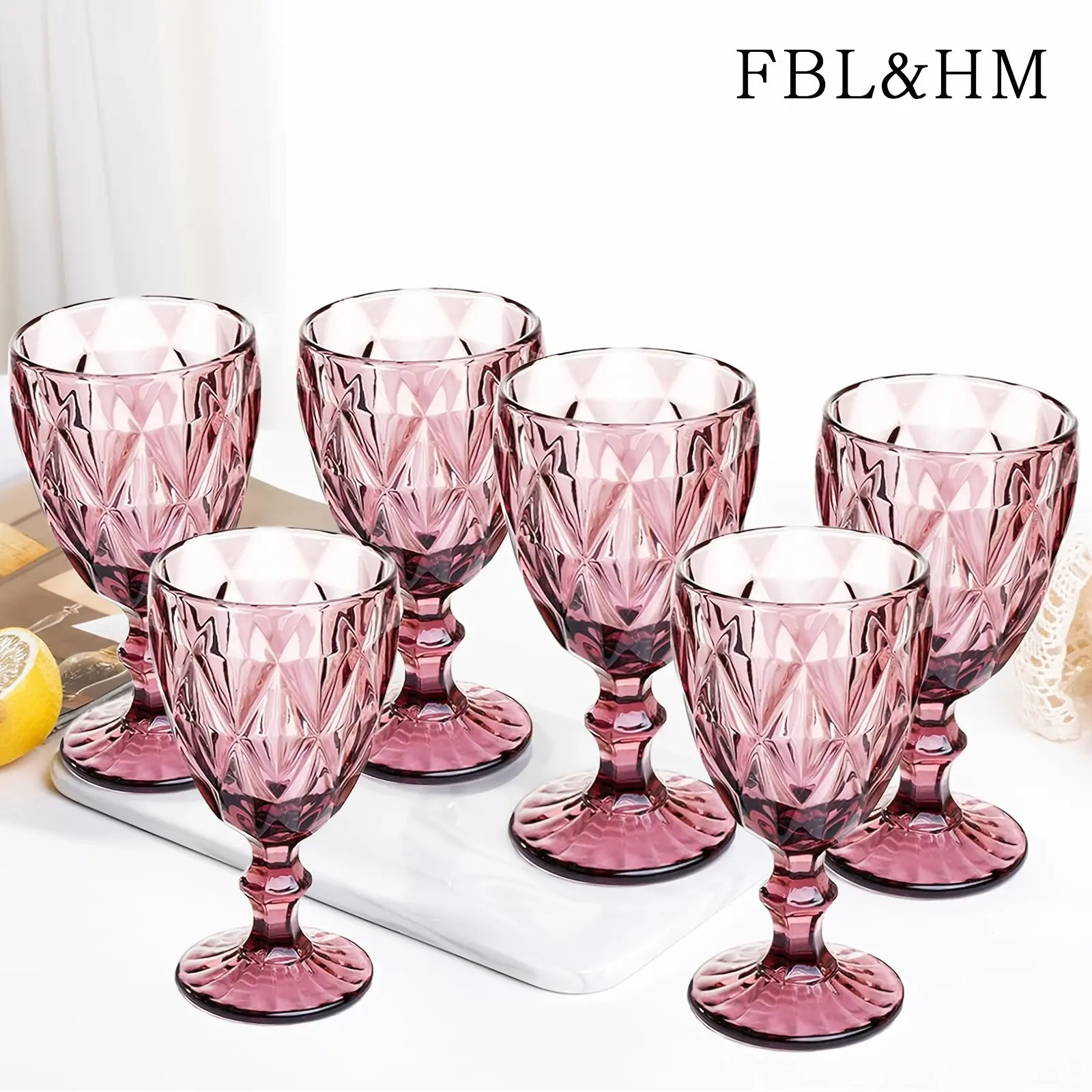 FBL&HM Vintage Wine Glasses Set Of 4/ 6, 11.5 Ounces Colored Glass Water Goblets, Unique Pattern High Clear Stemmed Glassware Wedding Party Bar Glass Drinking Cups Flower Amber Fancy Glasses