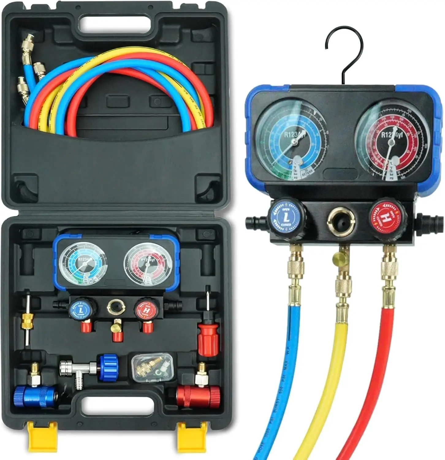 R1234yf AC Gauge, 3 Way AC Manifold Gauge Set for R1234yf Refrigerant, Refrigerant Gauges with 5FT Hoses，R410a Adapter, Puncturing Can Tap, Anti-Collision Dials Provide More Accurate Reading