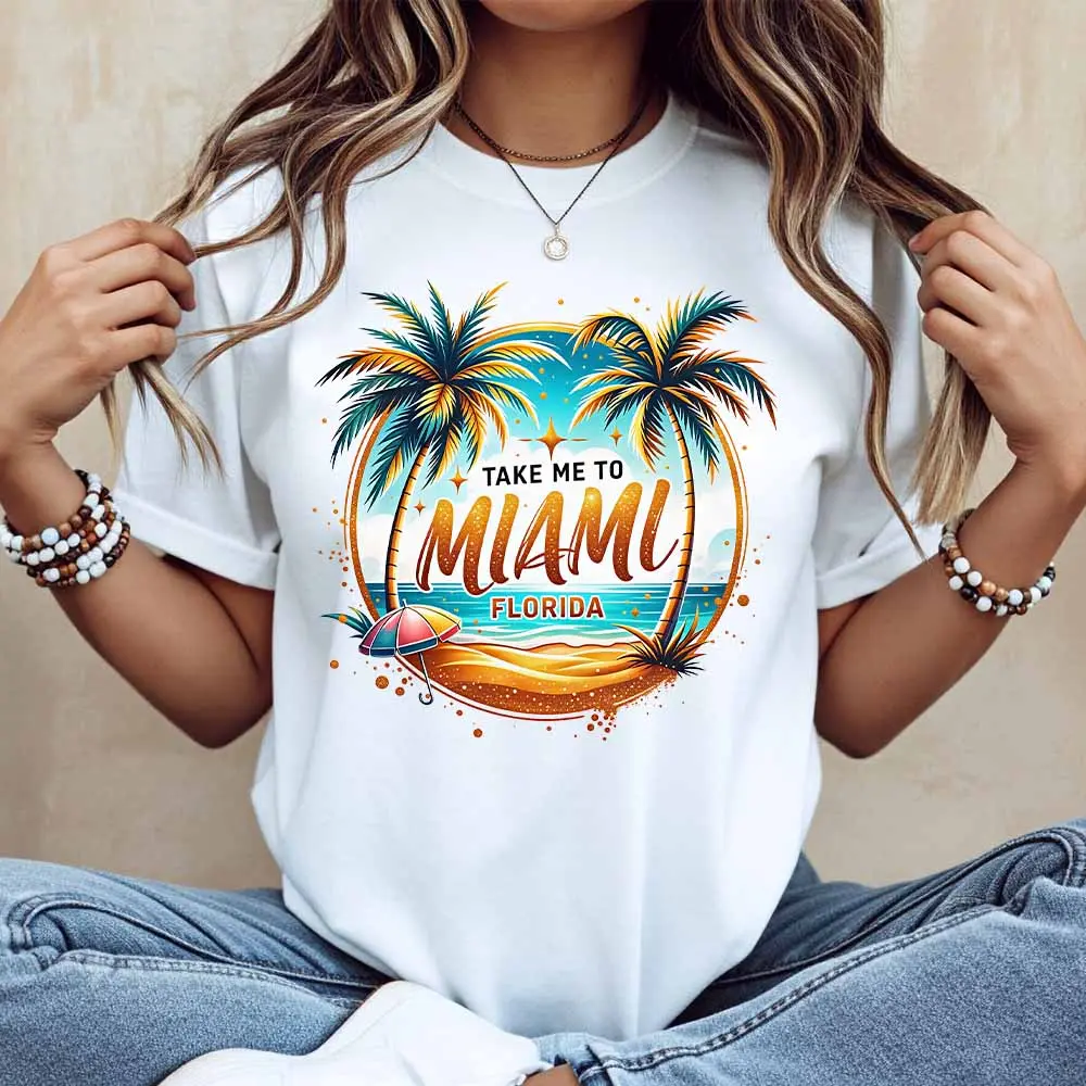 Palm Tree Beach Scene Take Me To Miami Florida Print T Shirt Women Casual Short Sleeve Top Summer Vacation Outfit