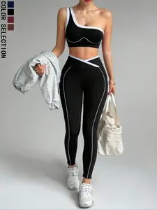 Women's Sports Set 300g, Workout Running Clothes, Single Shoulder Bra Tank Top Sleeveless Yoga, Comfortable Tight-Fit Sport Pants, Yoga Gym Outfits, Athleisure Wear Set, Spring Fall Winter