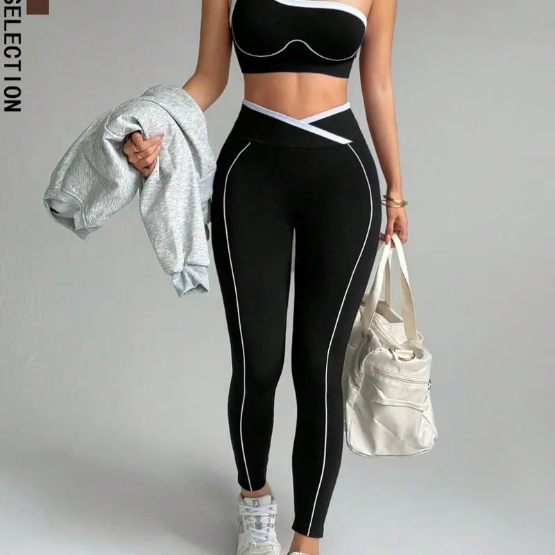 Women's Sports Set 300g, Workout Running Clothes, Exercise Clothing Set, Athletic Workout Clothing, Single Shoulder Bra Tank Top Sleeveless Yoga, Tight-Fit Sport Pants, Yoga Gym Outfits, Athleisure Sportswear Set, Spring Fall Winter