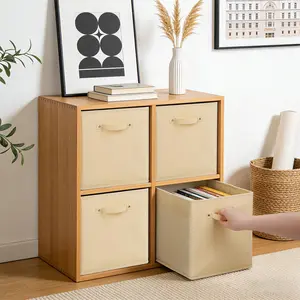 OUTGOODS 6-Pack 11 Inch Fabric Storage Bins with Faux Leather Handles, Foldable Cube Organizer Baskets for Shelves and Closet, Collapsible Storage Boxes for Clothes Toys