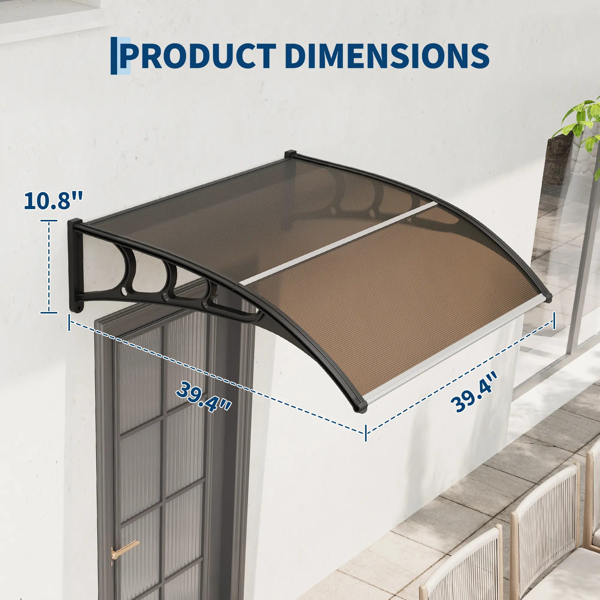 Outdoor Door & Window Awning Canopy, 40'' x 40'' Polycarbonate Weather Protection, UV, Rain & Snow Resistant, Brown, Durable Bracket