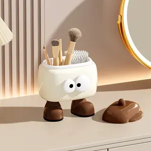 【Summer Vibes】Cute Cartoon Flip-Top Storage Box, ABS Dust-Proof Organizer for Makeup Brushes, Cotton Swabs & Pens, Adorable Desktop Vanity Organizer