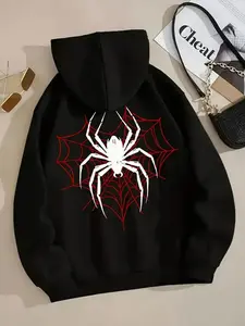 Women's Hooded Sweatshirt with Spider Web and Print, Graphic Sweatshirt, Casual Loose Fit Pocket Top, Fall Winter Fashion Streetwear, Soft New Year Party Wear, Graphic Print Hoodie