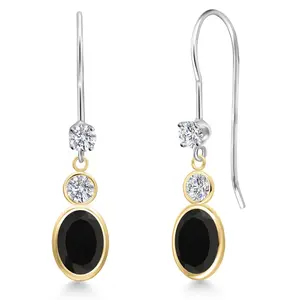 Gem Stone King 14K Two Tone Gold Black Onyx and Lab Grown Diamond Dangle Earrings for Women | 1.76 Cttw | Gemstone December Birthstone | Oval 7X5MM