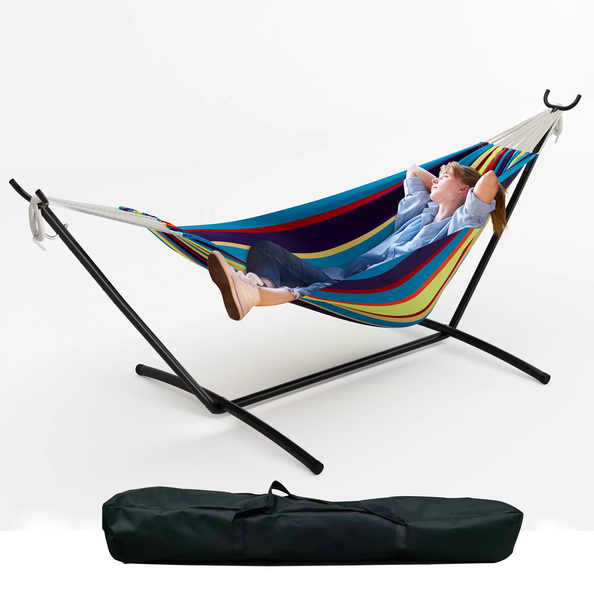 Double Hammock with Adjustable Steel Stand – 2 Person, 450 lbs Capacity, 2-Layer Brazilian Hammock, Portable & Collapsible, Indoor/Outdoor, Carrying Bag, Thick Rope, Weatherproof